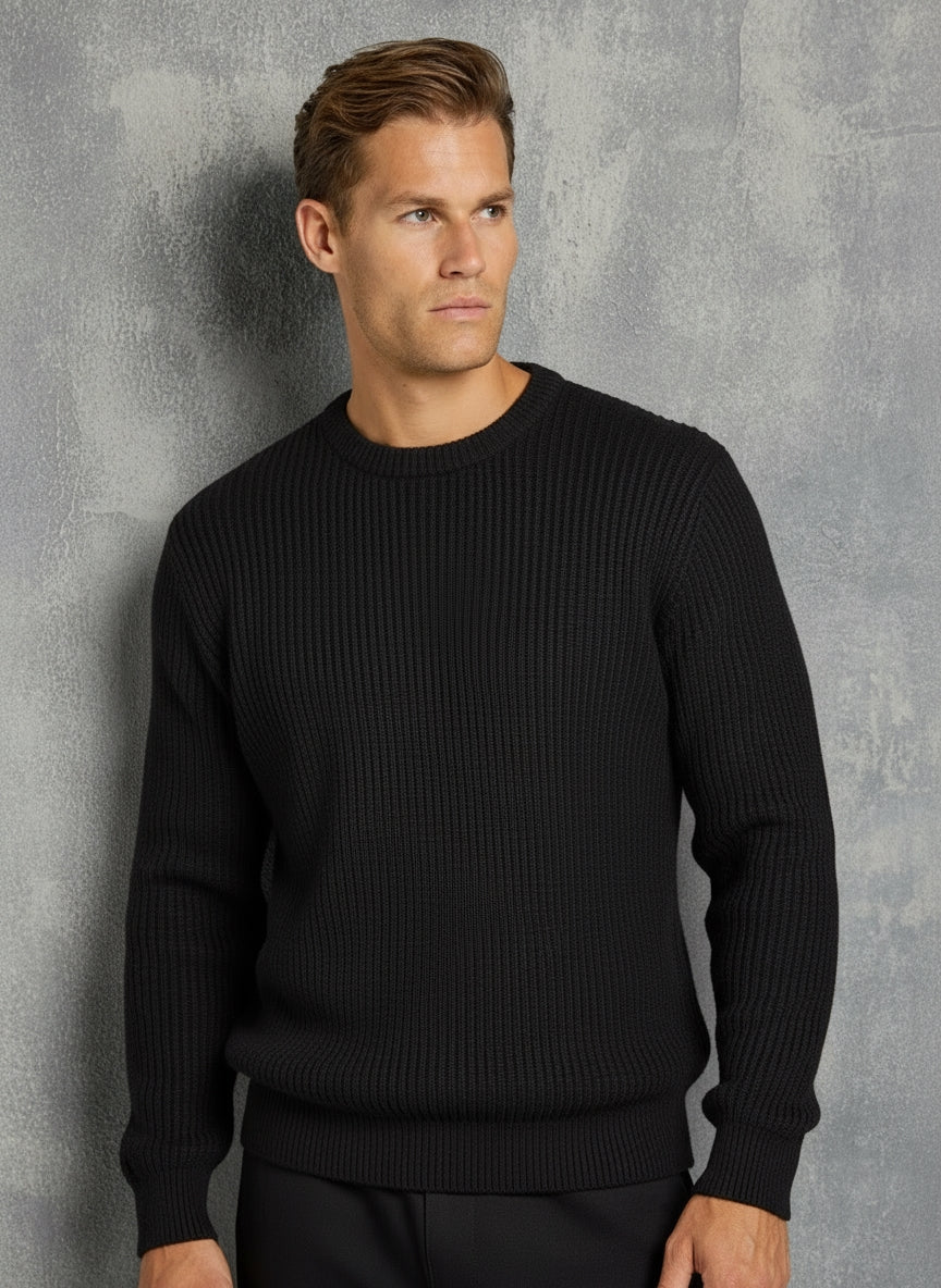 Men’s Black Ribbed Jumper – Crew Neck Knit Sweater with Relaxed Fit