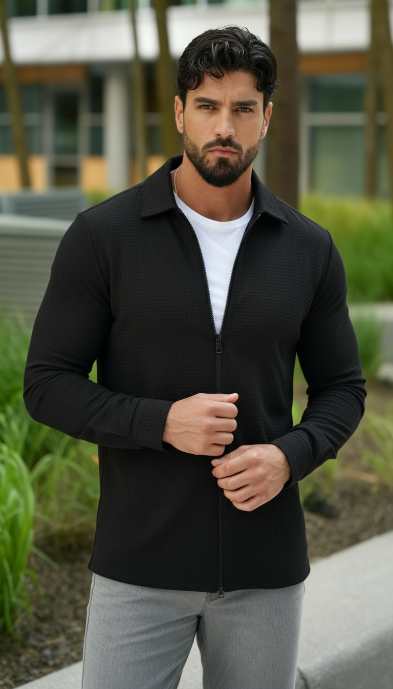 Camisa tejida texturizada de manga larga para hombre – Camisa casual de ajuste regular con cremallera frontal