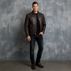 Men’s Biker Jacket – Stand Collar with Red Stripe Detail & Quilted Shoulders | Stylish Slim-Fit Motorcycle Jacket
