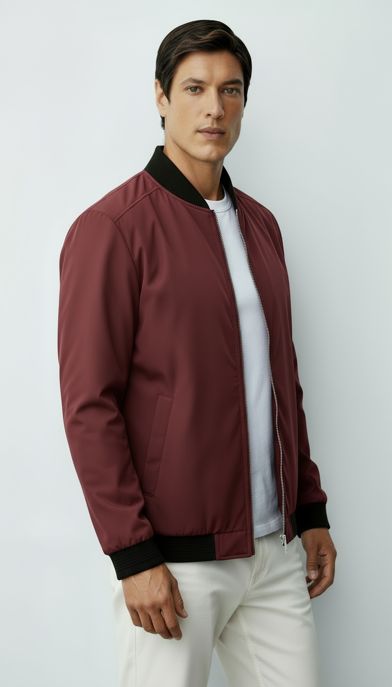 Chaqueta bomber con cremallera completa para hombre con ribete acanalado y bolsillo en la manga