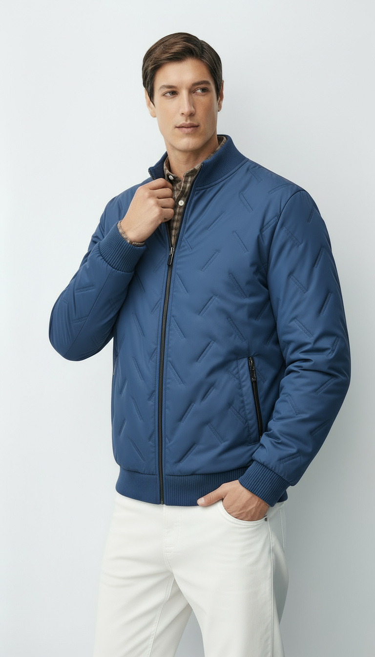 Veste bomber en tissu tissé pour homme avec col montant côtelé – Veste d'automne légère à la longueur des hanches