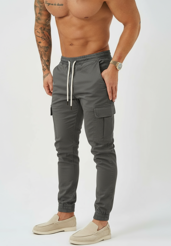 Pantaloni Cargo da uomo - Vita con coulisse e polsini elasticizzati - Pantaloni multi tasche dal taglio affusolato