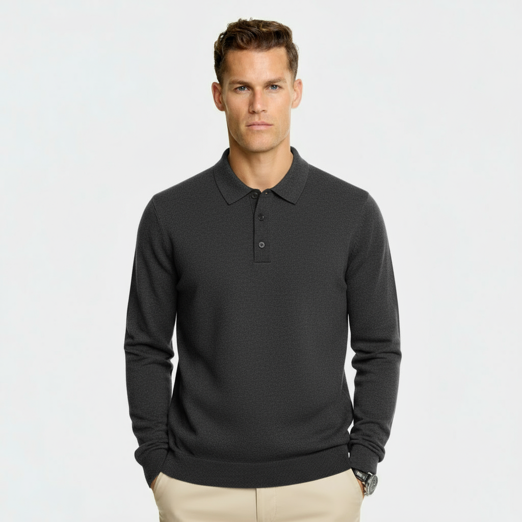 Men’s Wool Blend Polo Collar Sweater – Regular Fit Knit Pullover with Ribbed Edges & Three-Button Placket