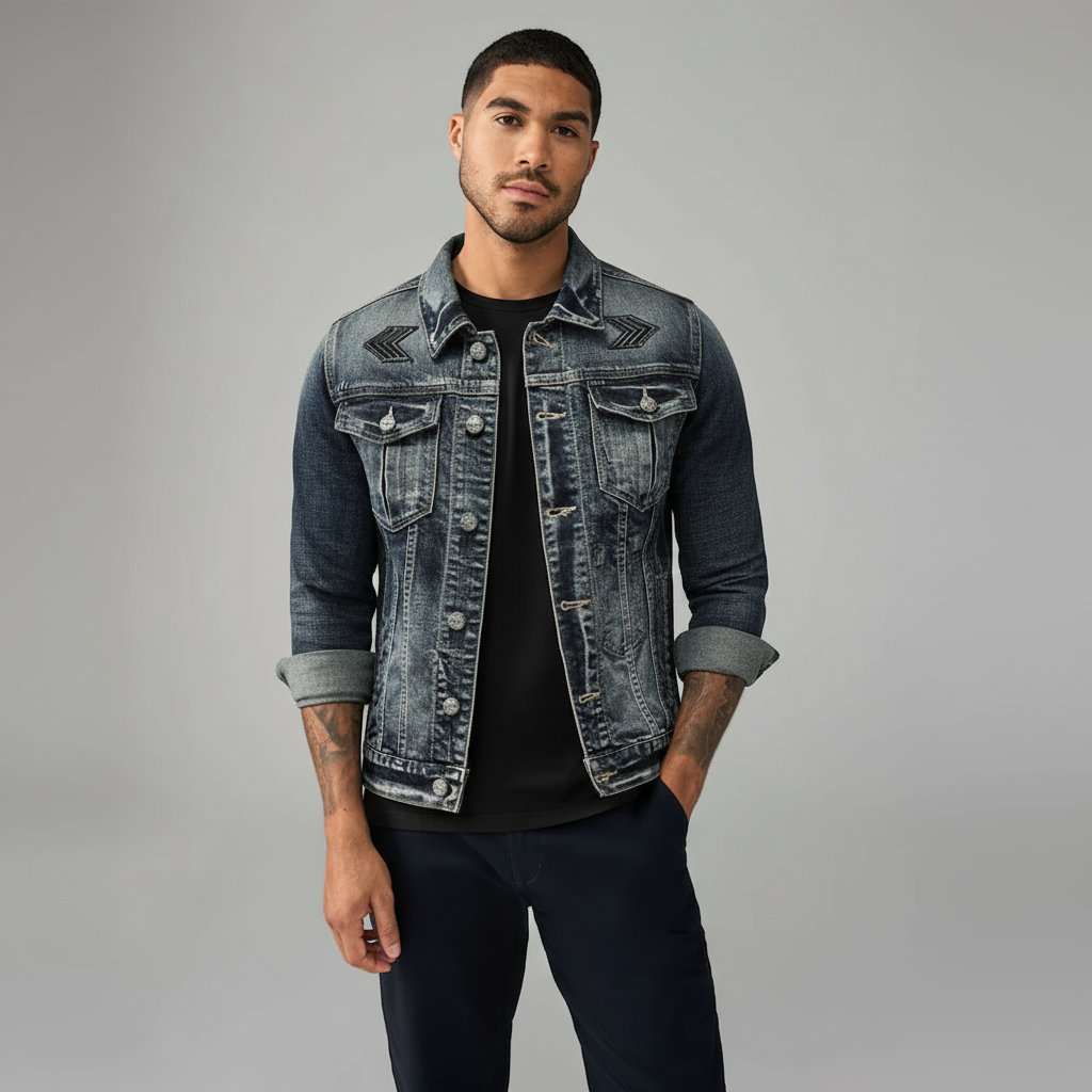 Men’s Grey Trucker Jacket - Classic Button-Front Denim Style with Chest Pockets