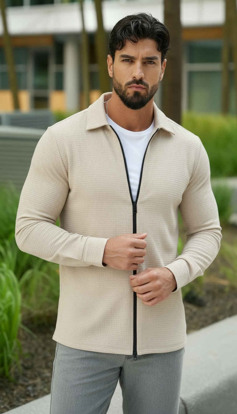 Camisa tejida texturizada de manga larga para hombre – Camisa casual de ajuste regular con cremallera frontal