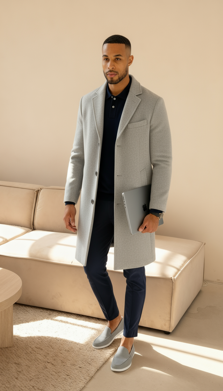 Heren op maat gemaakte jas met wolgevoel – Enkelsluitend mid-lange overjas met inkeping revers