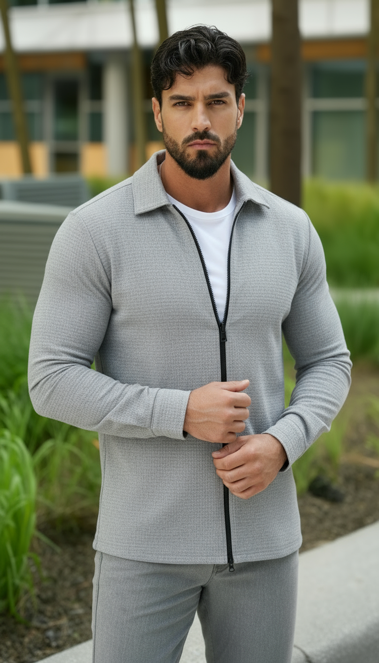 Camisa tejida texturizada de manga larga para hombre – Camisa casual de ajuste regular con cremallera frontal