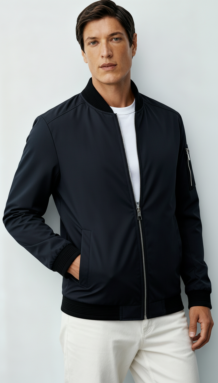 Chaqueta bomber con cremallera completa para hombre con ribete acanalado y bolsillo en la manga