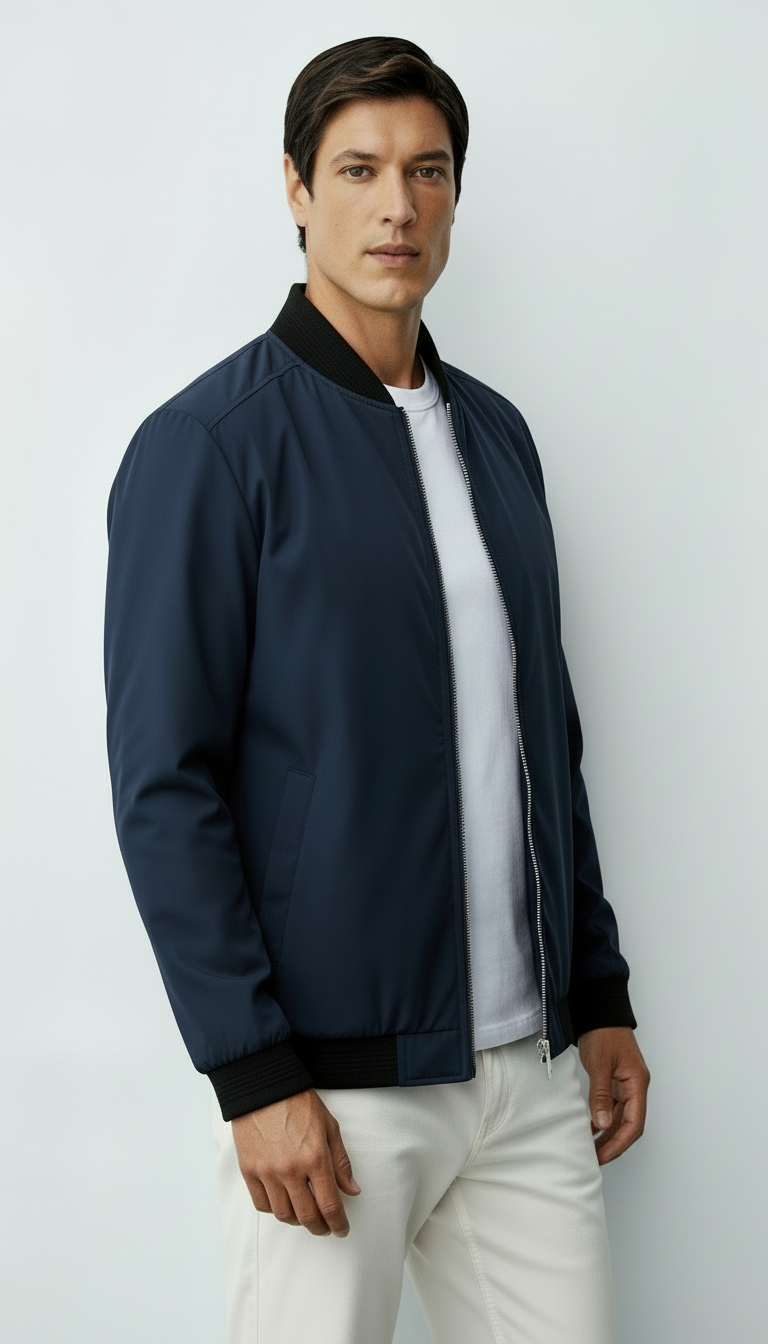 Chaqueta bomber con cremallera completa para hombre con ribete acanalado y bolsillo en la manga