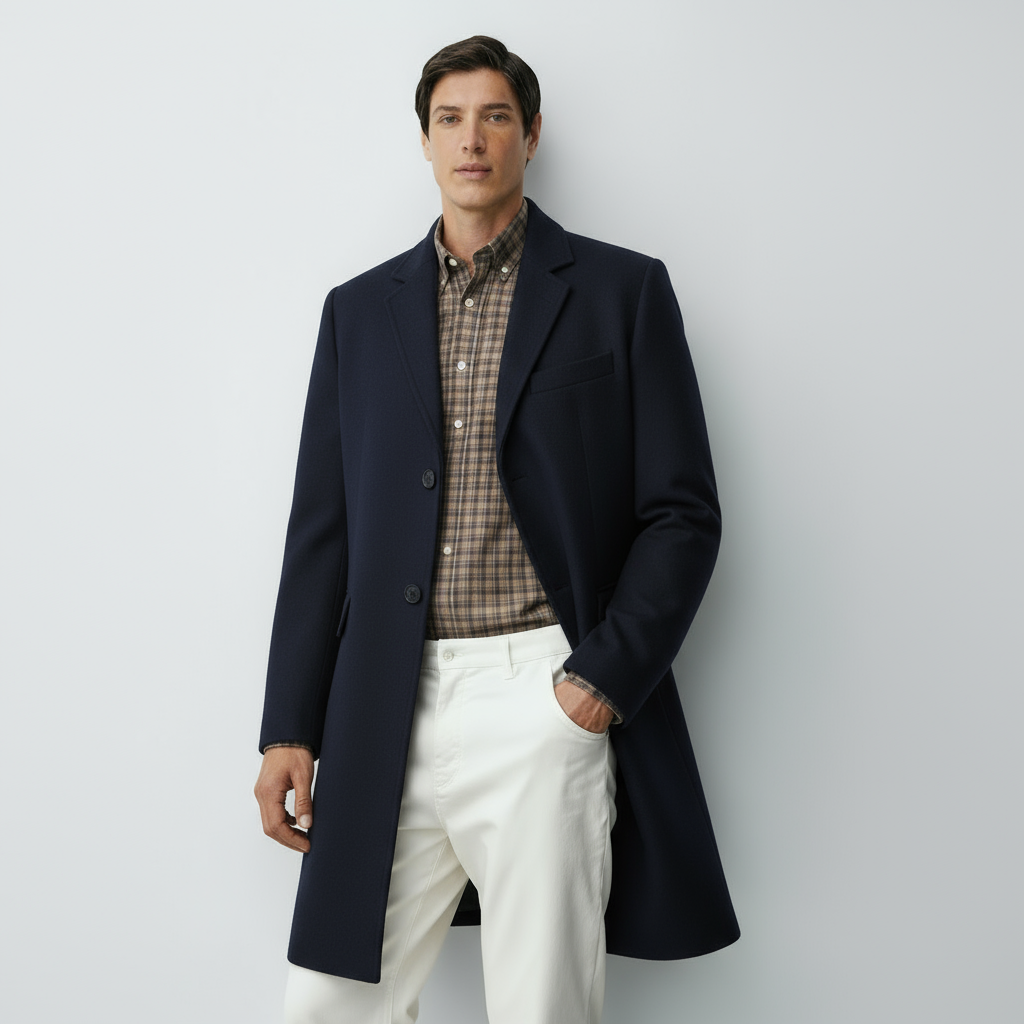 Men’s Classic Coat with Notch Lapel & Single-Breasted Front – Elegant Mid-Length Overcoat