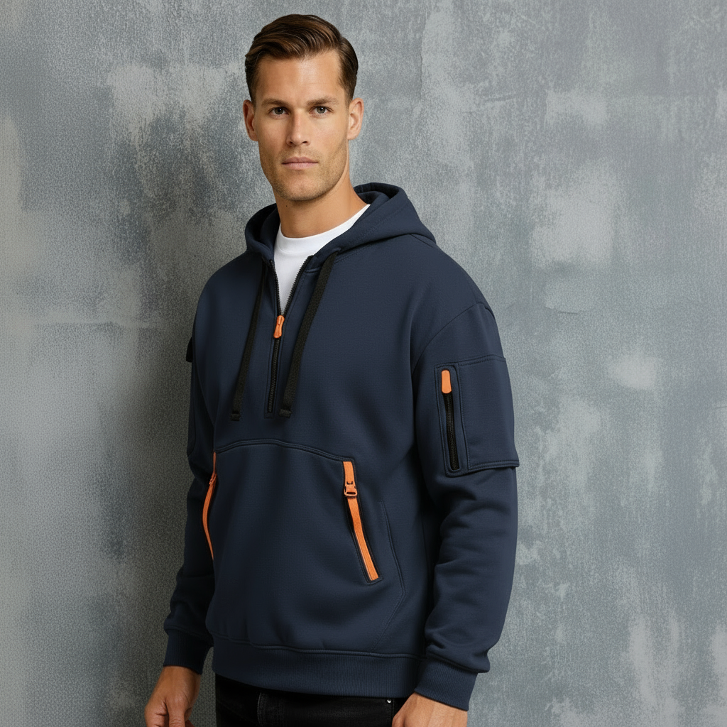 Men’s Zip Neck Hoodie with Multiple Pockets – Casual Functional Pullover