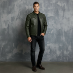 Men’s Biker Jacket – Stand Collar with Red Stripe Detail & Quilted Shoulders | Stylish Slim-Fit Motorcycle Jacket