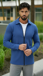 Chemise tissée texturée à manches longues pour homme – Chemise décontractée à fermeture éclair devant coupe régulière