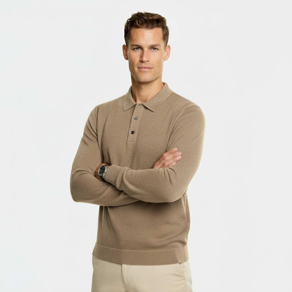 Men’s Wool Blend Polo Collar Sweater – Regular Fit Knit Pullover with Ribbed Edges & Three-Button Placket