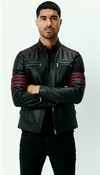 Men’s Black Leather Jacket – Wolverine-Inspired Biker Outerwear with Red Stripe Accents
