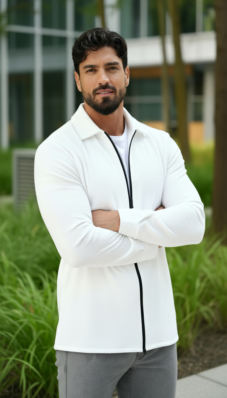 Camisa tejida texturizada de manga larga para hombre – Camisa casual de ajuste regular con cremallera frontal