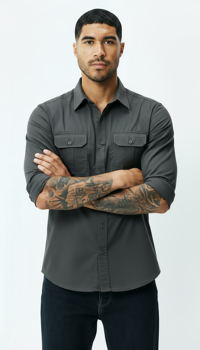 Utility Shirt voor heren - Klassieke kraag met knoopsluiting en zakken met kleppen | Textured Smart Casual Workwear