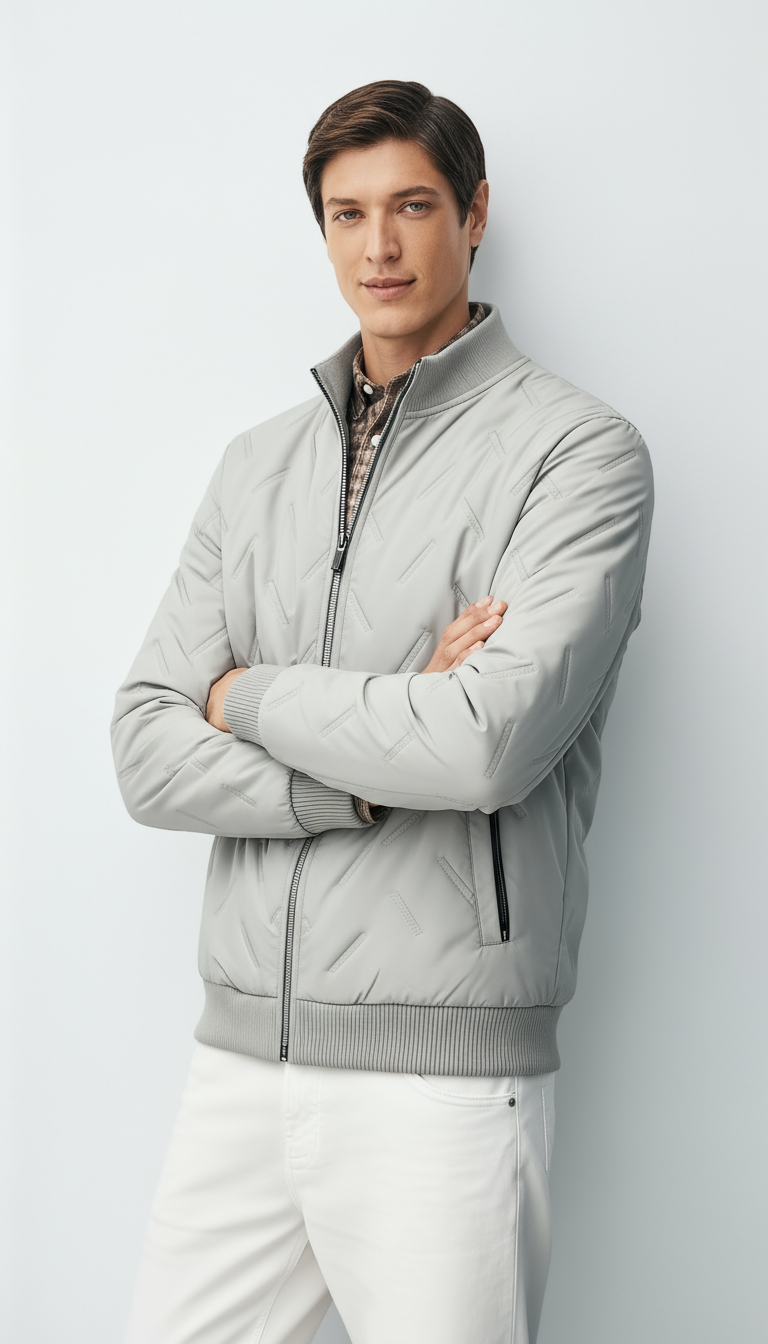 Veste bomber en tissu tissé pour homme avec col montant côtelé – Veste d'automne légère à la longueur des hanches