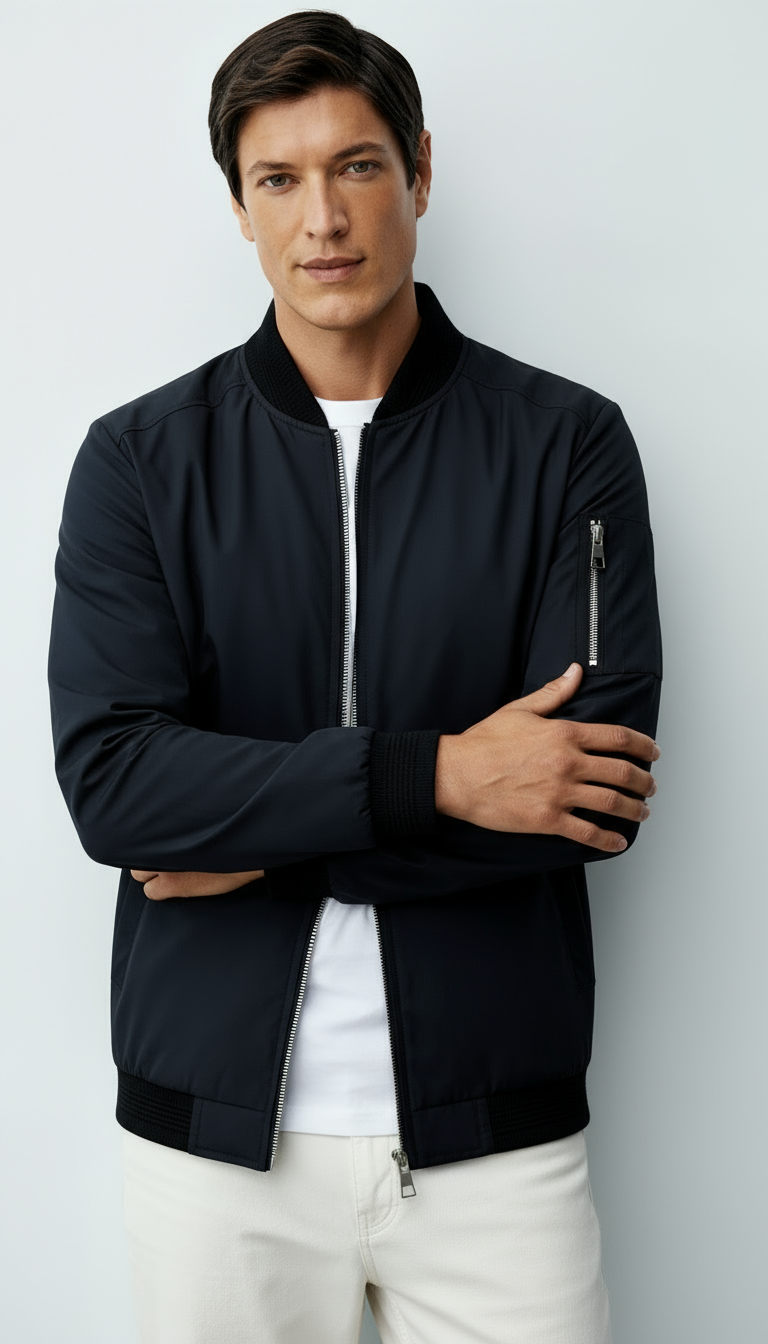 Chaqueta bomber con cremallera completa para hombre con ribete acanalado y bolsillo en la manga