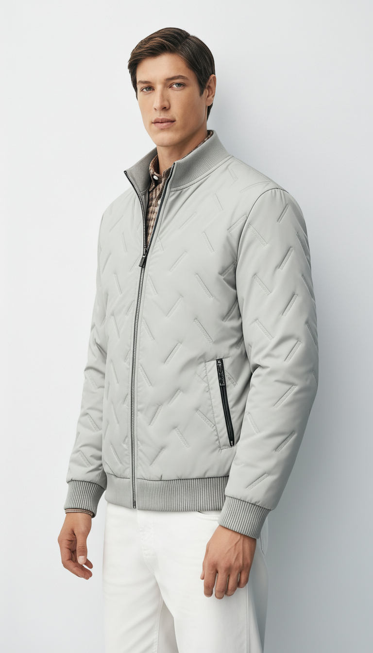 Veste bomber en tissu tissé pour homme avec col montant côtelé – Veste d'automne légère à la longueur des hanches