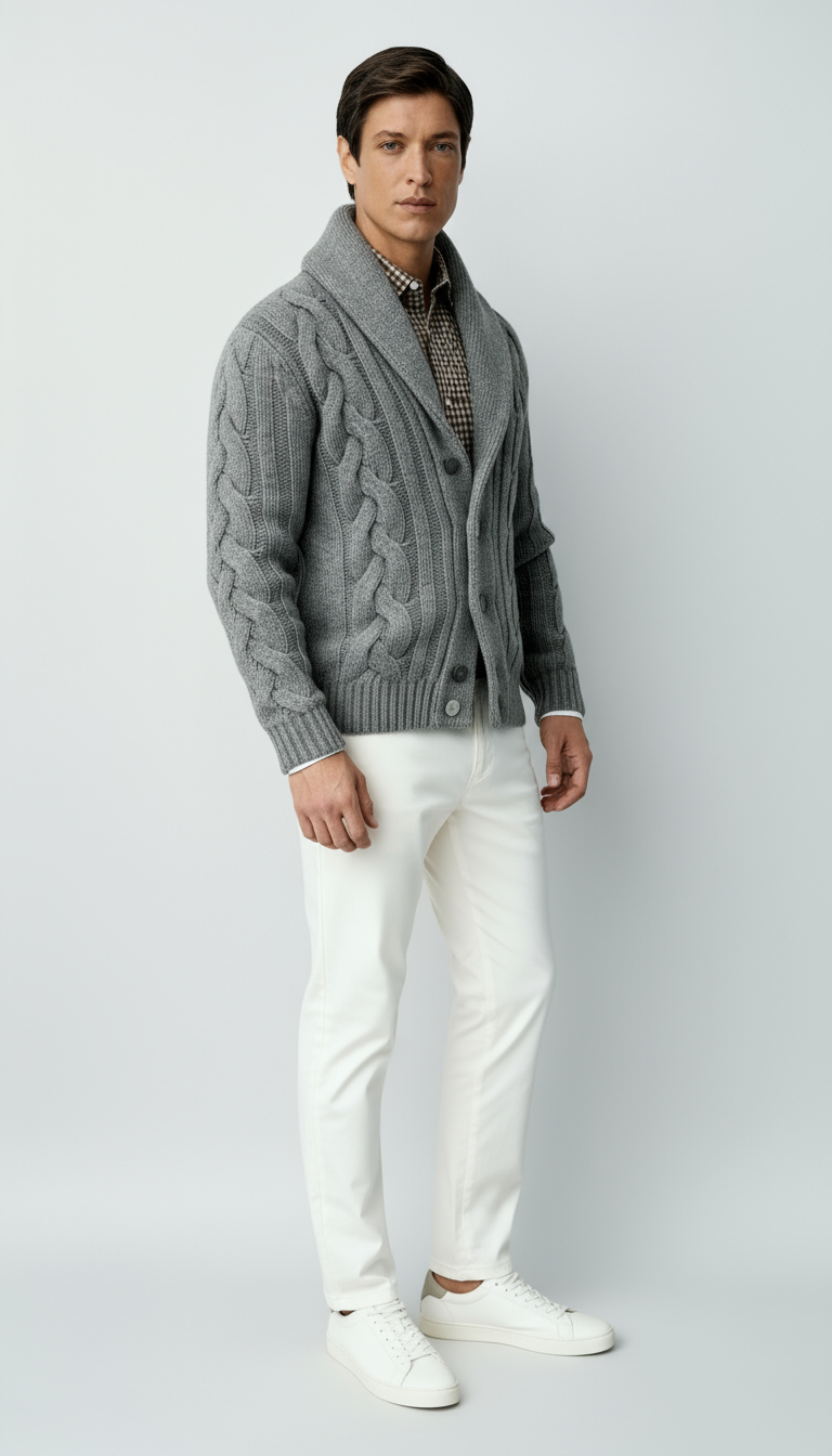Heren wollen mix kabelgebreide cardigan – sjaalkraag vest met knopen