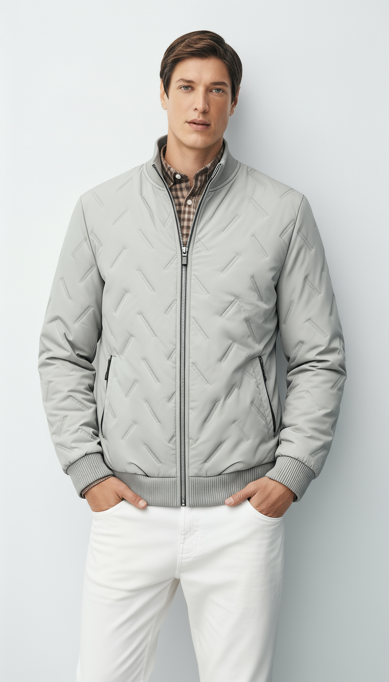 Veste bomber en tissu tissé pour homme avec col montant côtelé – Veste d'automne légère à la longueur des hanches