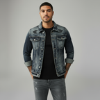 Men’s Grey Trucker Jacket - Classic Button-Front Denim Style with Chest Pockets