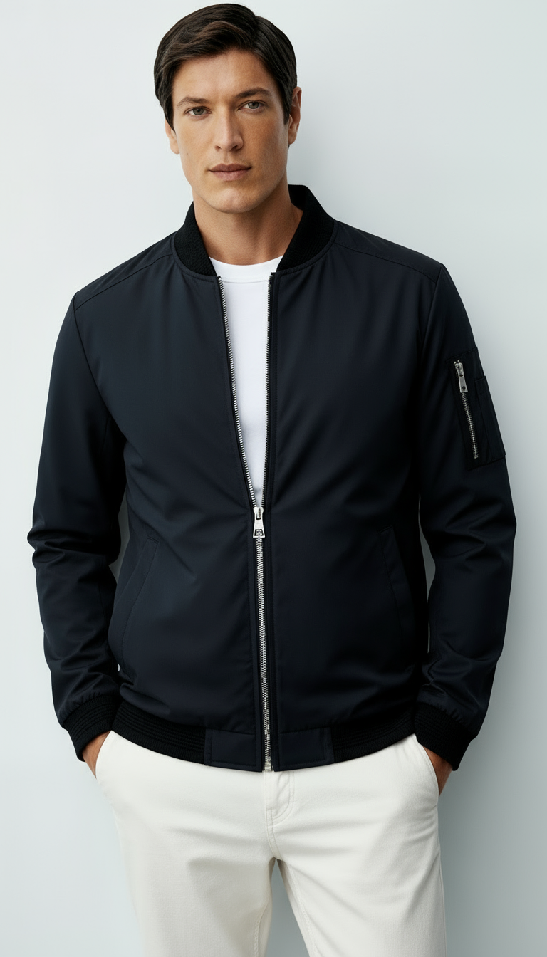 Chaqueta bomber con cremallera completa para hombre con ribete acanalado y bolsillo en la manga
