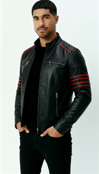 Men’s Black Leather Jacket – Wolverine-Inspired Biker Outerwear with Red Stripe Accents