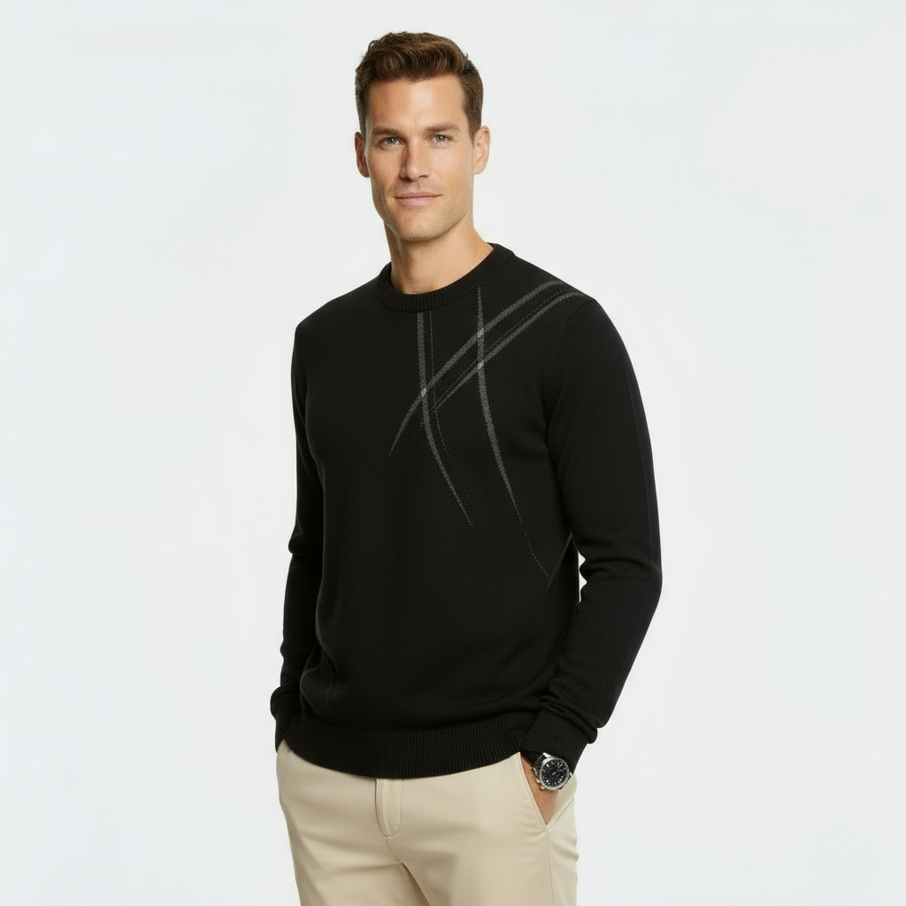 Men’s Slim Fit Wool Blend Sweater - Abstract Pattern Knit Pullover with Ribbed Edges