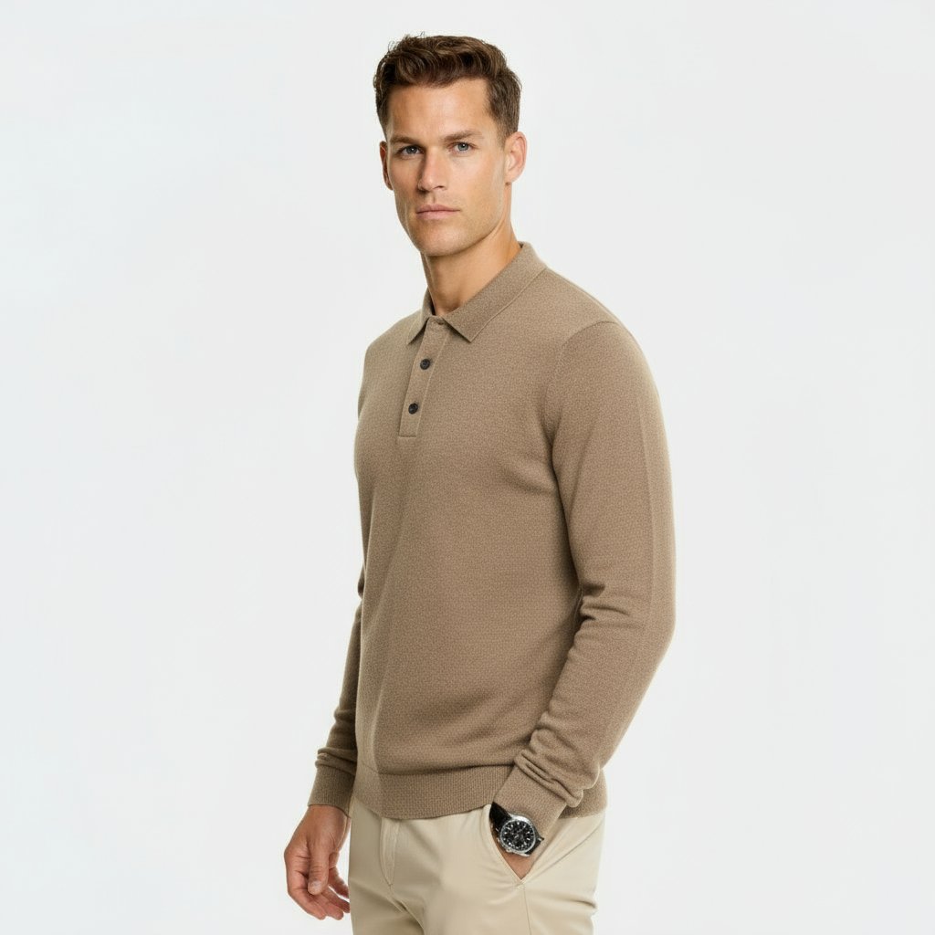 Men’s Wool Blend Polo Collar Sweater – Regular Fit Knit Pullover with Ribbed Edges & Three-Button Placket