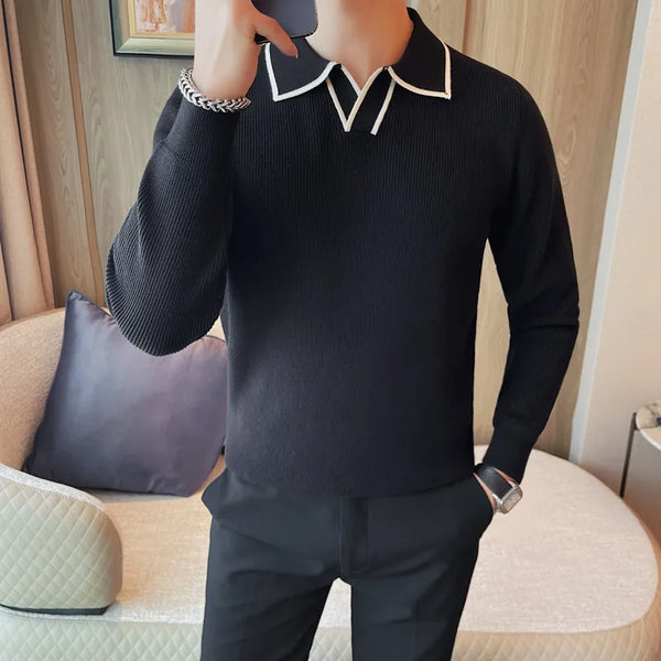 Open neck long Sleeve Polo shirt - Black